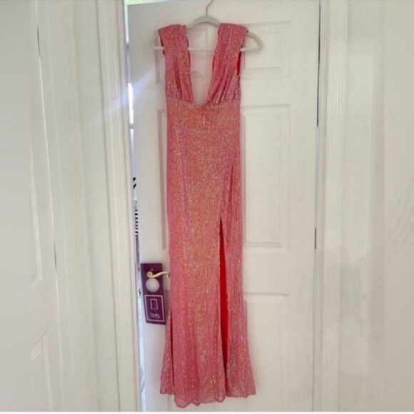 New Deep V-Neck Open Back Pink Reflective Elastic Sequin DRESS Size XS - Picture 8 of 10